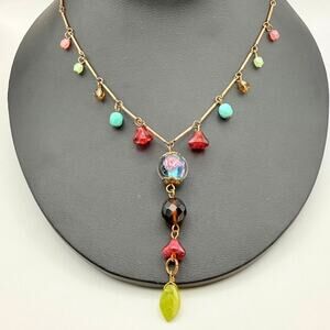 Vtg Cookie Lee Dainty Victorian Y-Drop Art Glass Filigree Bead Necklace 16"